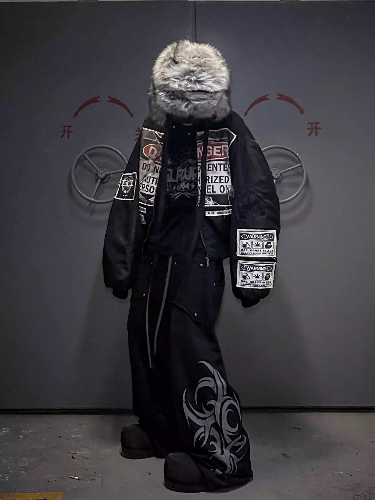 Warning Label Patch Oversized Padded Bomber Jacket