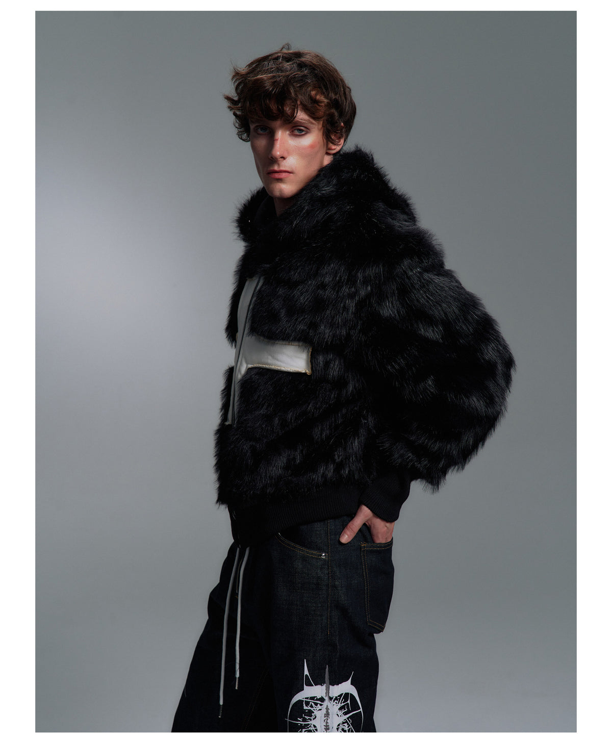 Cross Applique Studded Hood Reversible Faux Fur Jacket