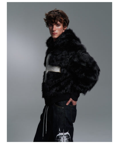 Cross Applique Studded Hood Reversible Faux Fur Jacket