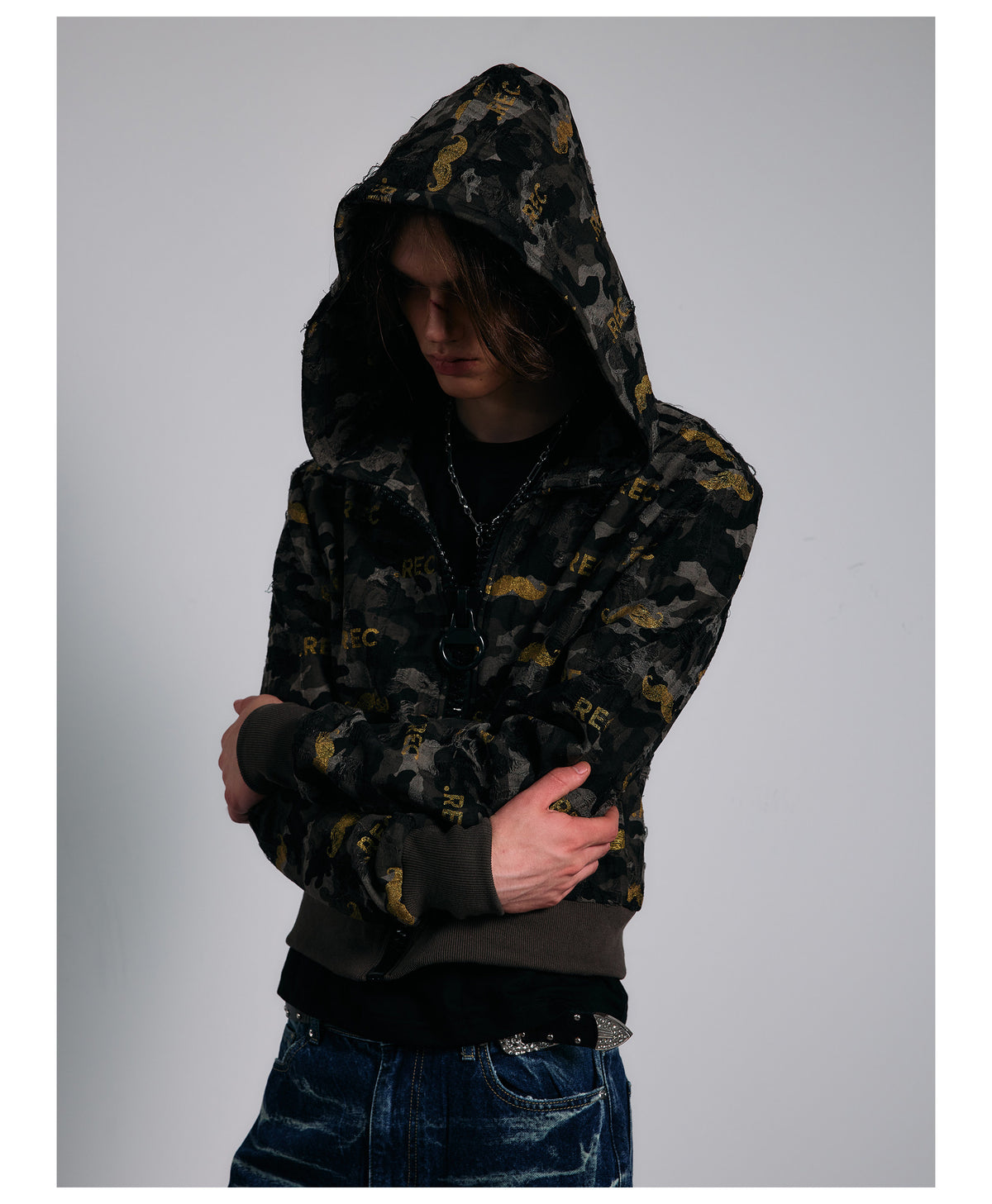 All Over Graphic Print Cropped Zip Hoodie