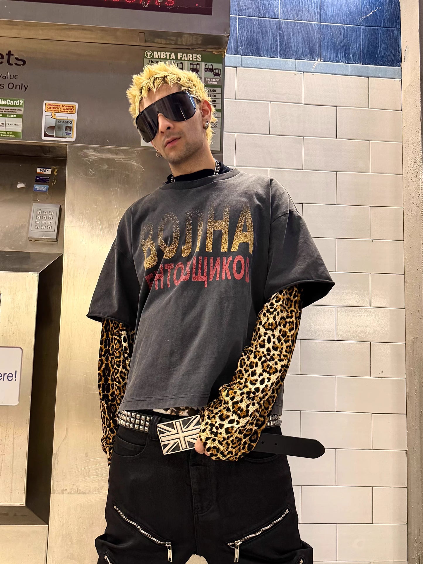 Leopard Layered Sleeve Washed Graphic T-Shirt