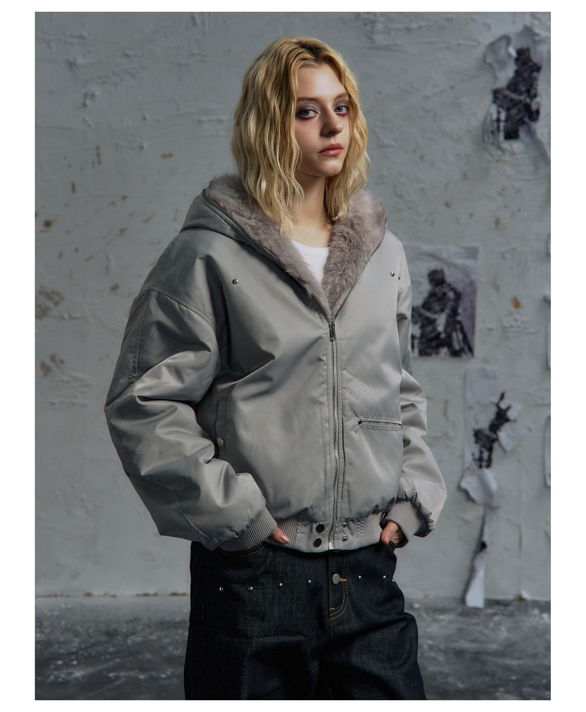 Fur Trim Hood Nylon Bomber Jacket