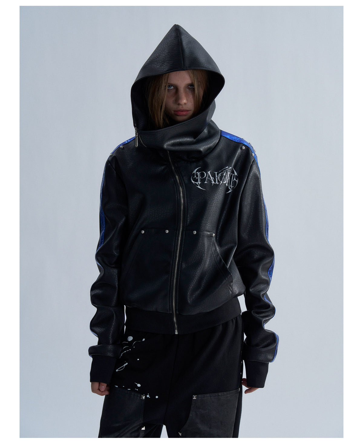 Embroidered Contrast Stripe Hooded Faux Leather Jacket