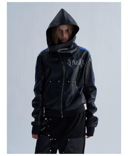 Embroidered Contrast Stripe Hooded Faux Leather Jacket