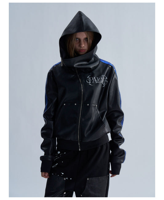 Embroidered Contrast Stripe Hooded Faux Leather Jacket