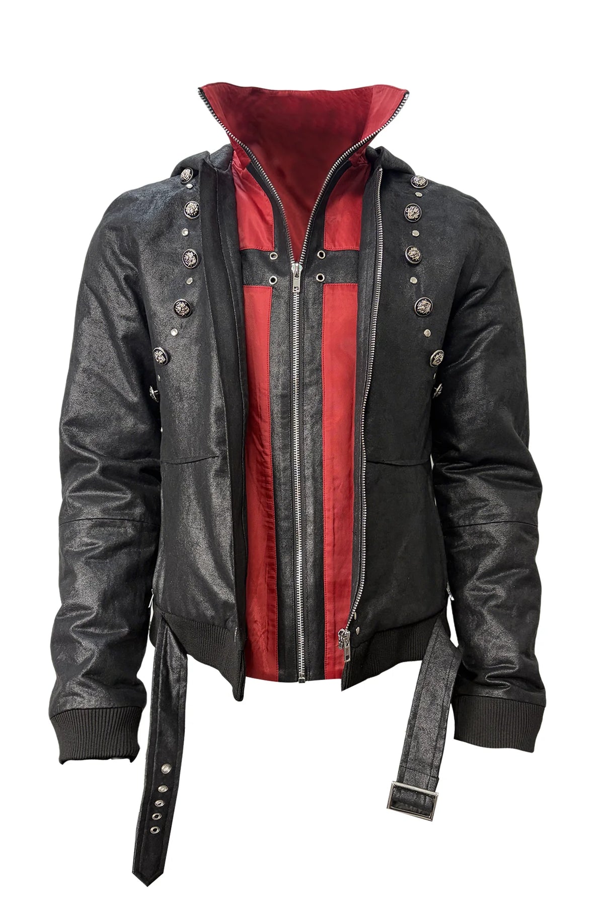 Red Contrast Strap Detail Padded Faux Leather Jacket