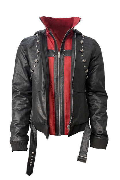 Red Contrast Strap Detail Padded Faux Leather Jacket