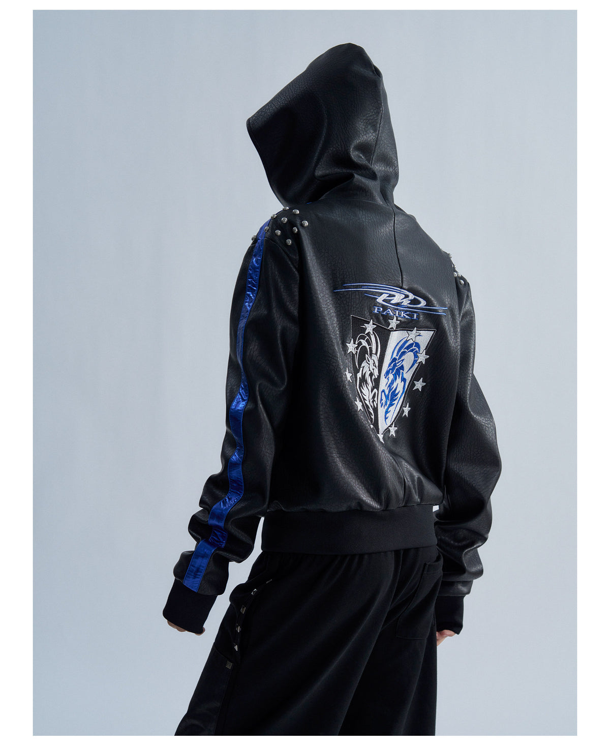 Embroidered Contrast Stripe Hooded Faux Leather Jacket