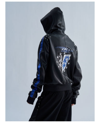 Embroidered Contrast Stripe Hooded Faux Leather Jacket