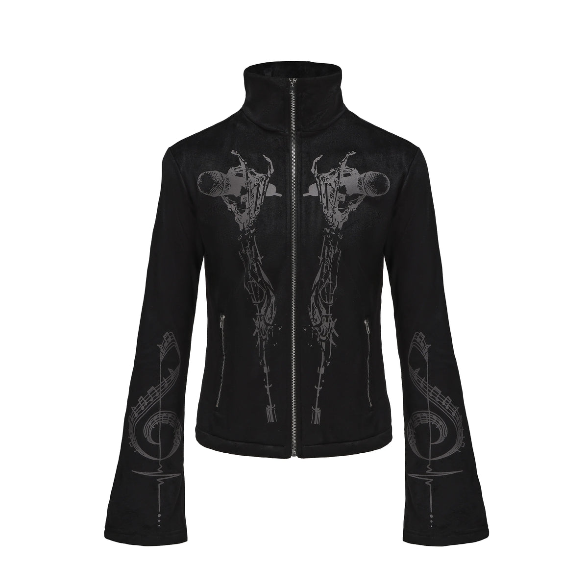 Tribal Graphic Stand Collar Flared Sleeve Velvet Zip Jacket