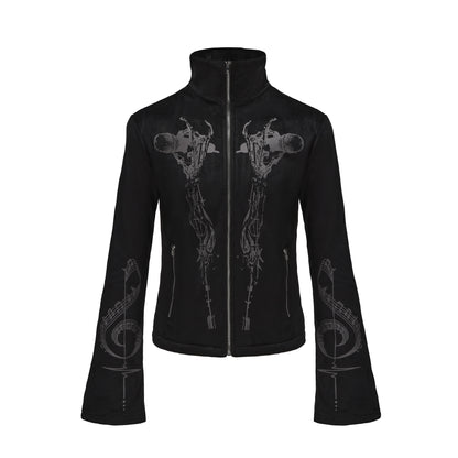 Tribal Graphic Stand Collar Flared Sleeve Velvet Zip Jacket