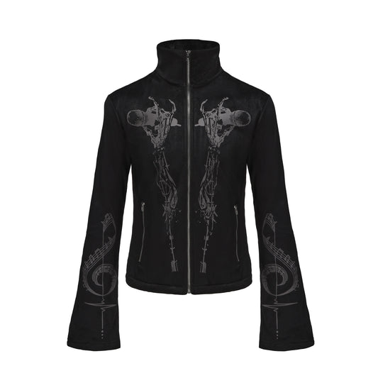 Tribal Graphic Stand Collar Flared Sleeve Velvet Zip Jacket