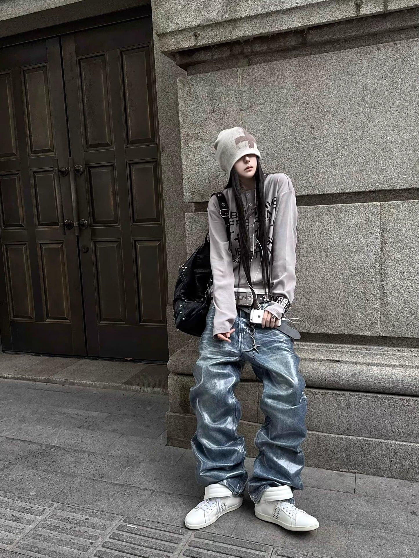 Glossy Washed Straight-Leg Jeans