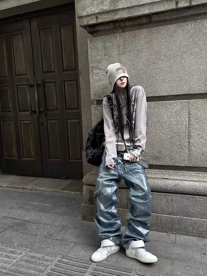 Glossy Washed Straight-Leg Jeans
