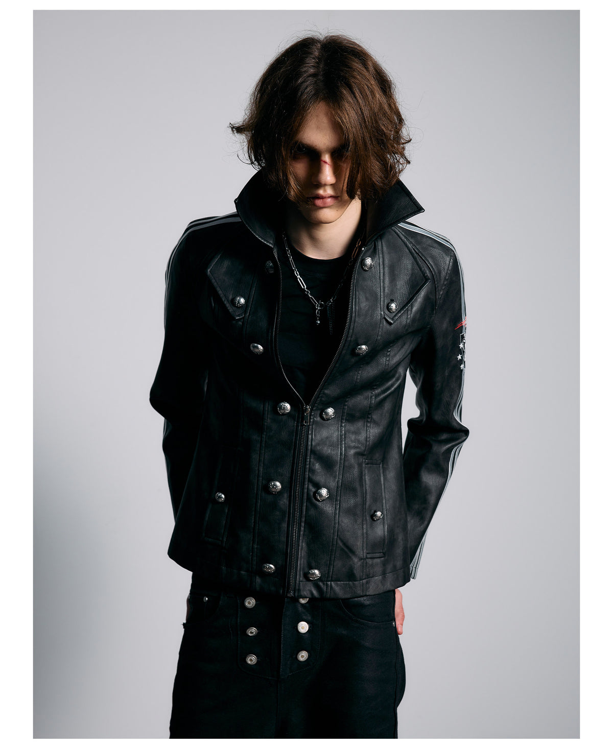 Embroidered Sleeve Stripe Snap Front Faux Leather Jacket