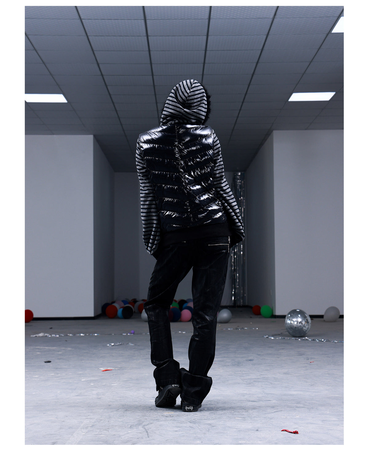 Star Embroidered Striped Fur Trim Hood Padded Jacket