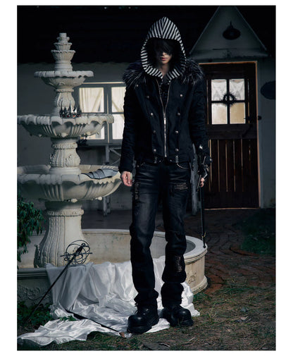 Striped Detachable Hood Double Breasted Fur Texture Jacket