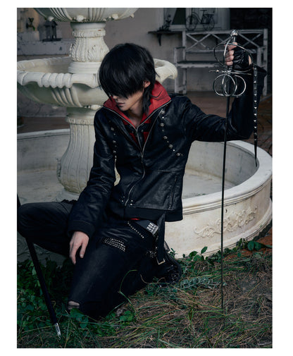 Red Contrast Strap Detail Padded Faux Leather Jacket
