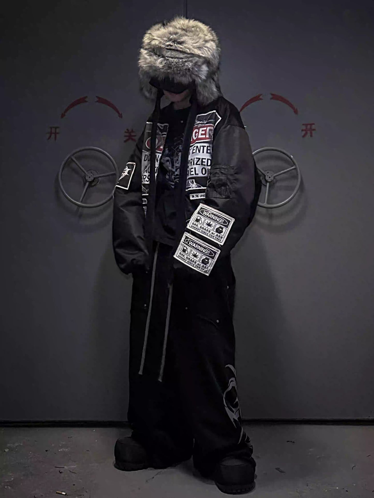 Warning Label Patch Oversized Padded Bomber Jacket