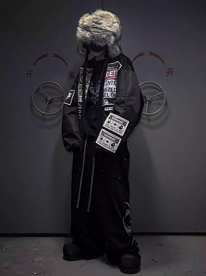 Warning Label Patch Oversized Padded Bomber Jacket