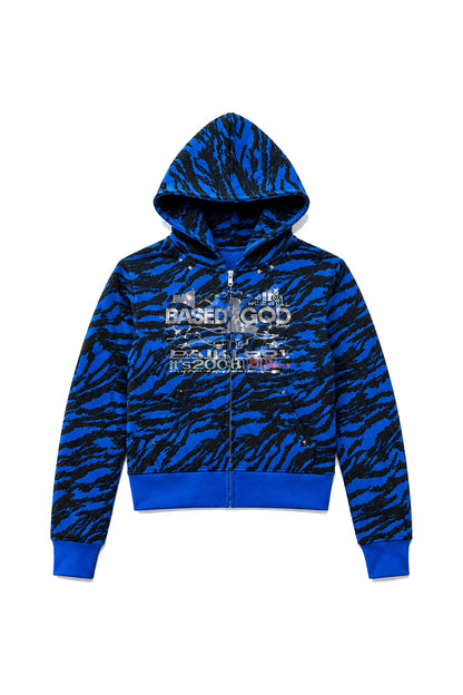Blue Tiger Stripe Rhinestone Cropped Zip Hoodie