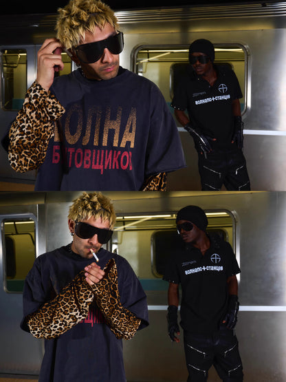Leopard Layered Sleeve Washed Graphic T-Shirt