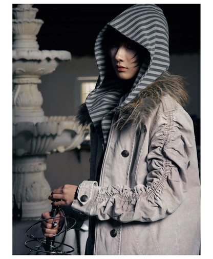 Striped Detachable Hood Double Breasted Fur Texture Jacket