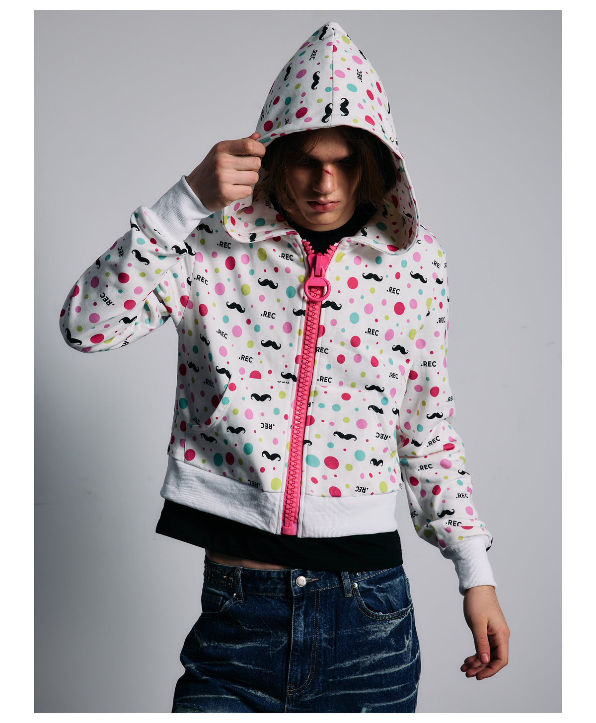 All Over Graphic Print Cropped Zip Hoodie