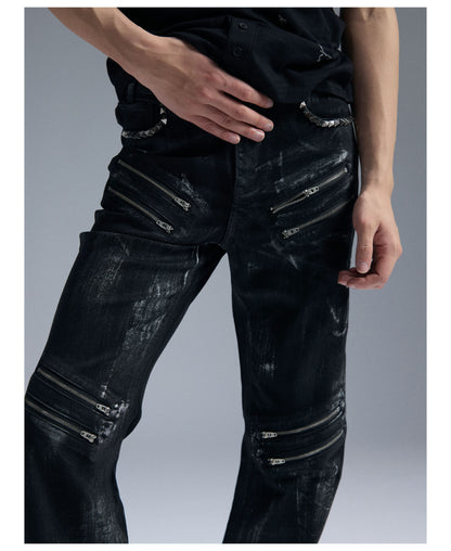 Multi Zip Eyelet Washed Black Flared Jeans