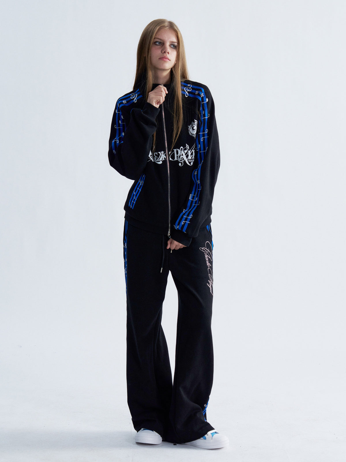 Blue Stripe Music Note Embroidered Zip Hoodie & Wide Pants
