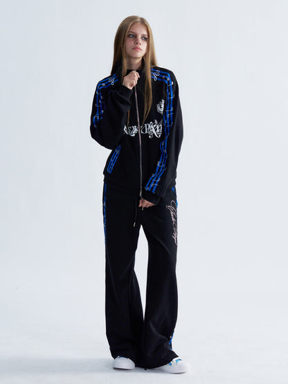 Blue Stripe Music Note Embroidered Zip Hoodie & Wide Pants