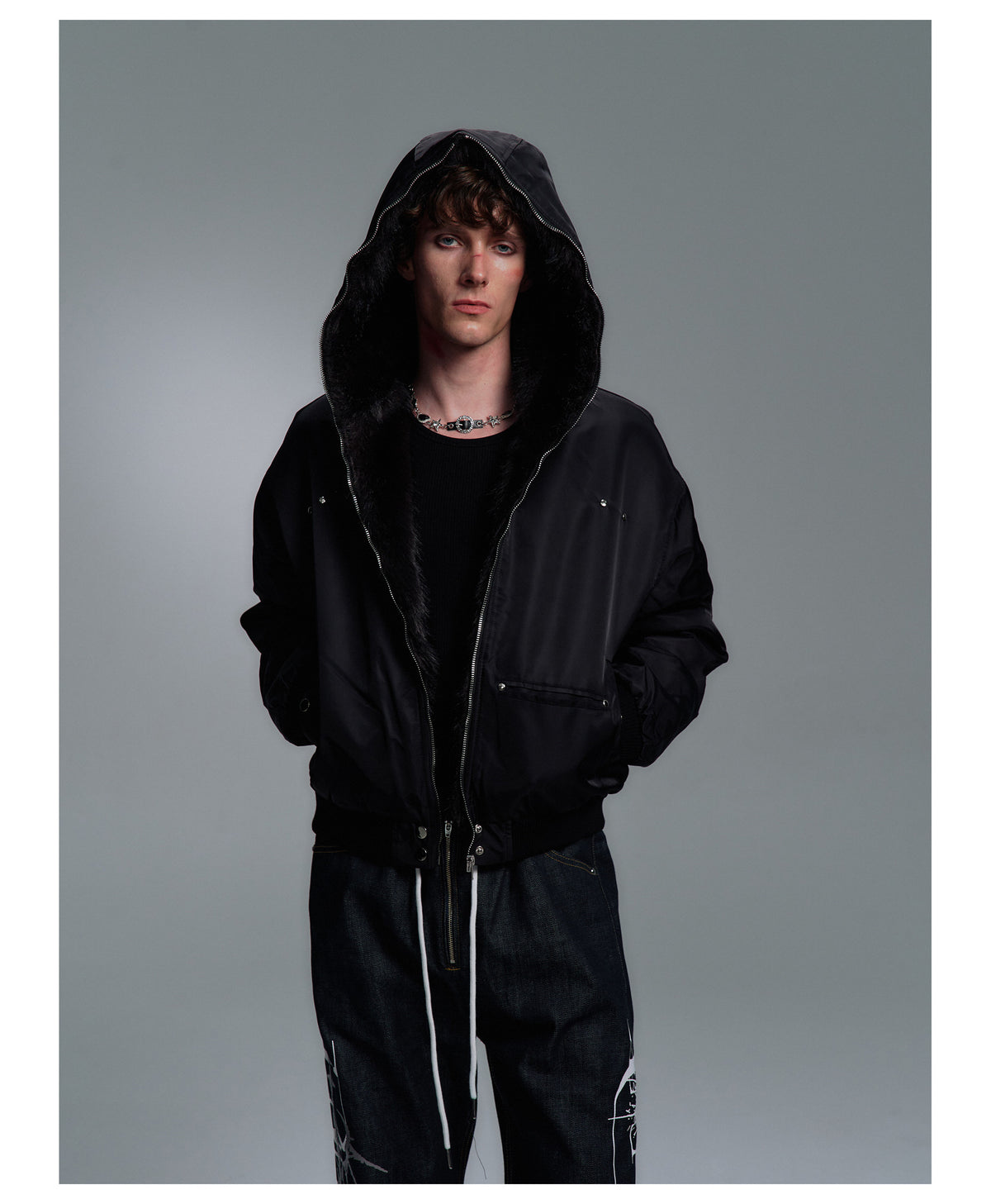 Fur Trim Hood Nylon Bomber Jacket