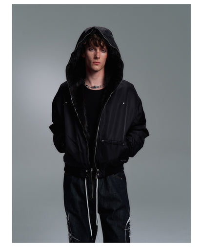 Fur Trim Hood Nylon Bomber Jacket