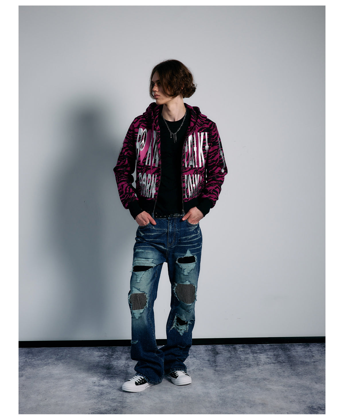 Pink Tiger Stripe Graphic Cropped Zip Hoodie