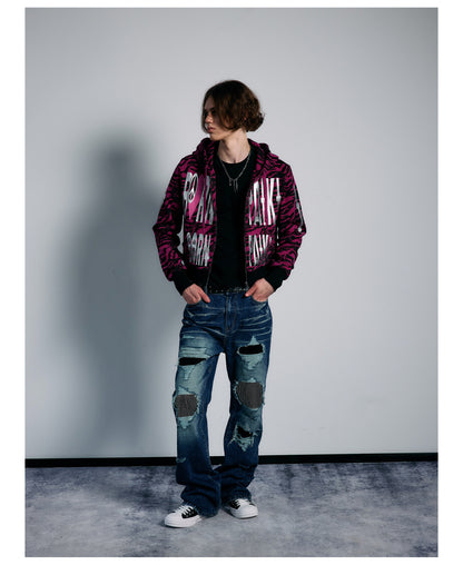 Pink Tiger Stripe Graphic Cropped Zip Hoodie