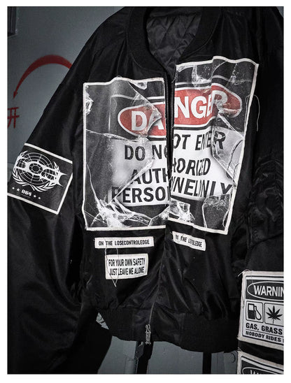 Warning Label Patch Oversized Padded Bomber Jacket