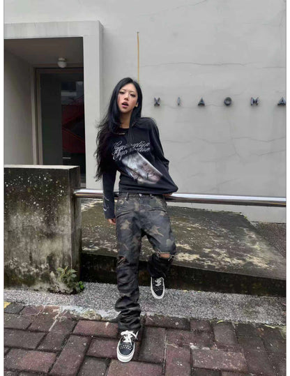 Washed Camouflage Straight-Leg Pants