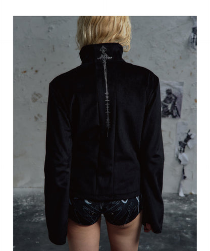 Tribal Graphic Stand Collar Flared Sleeve Velvet Zip Jacket
