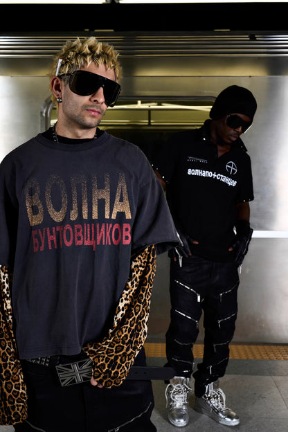 Leopard Layered Sleeve Washed Graphic T-Shirt