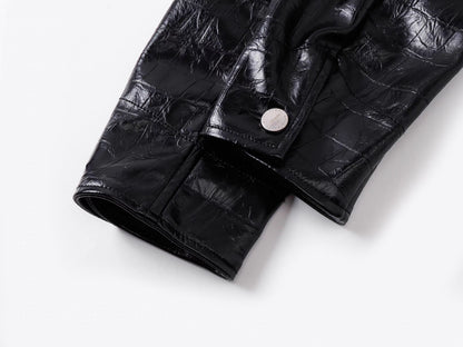 Washed Denim Contrast Faux Leather Sleeve Jacket
