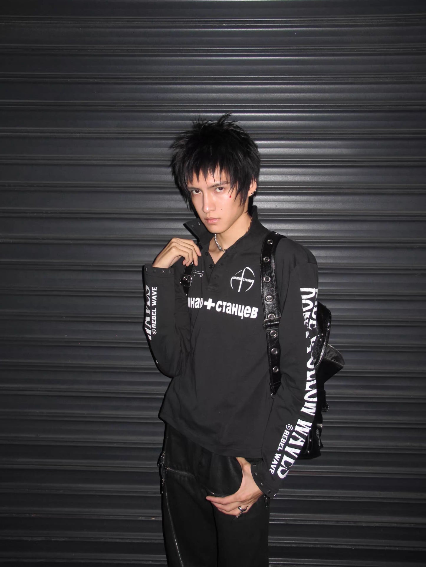 REBEL WAVE クロススタッズ グラフィック長袖ポロシャツ ブラック SELFISH