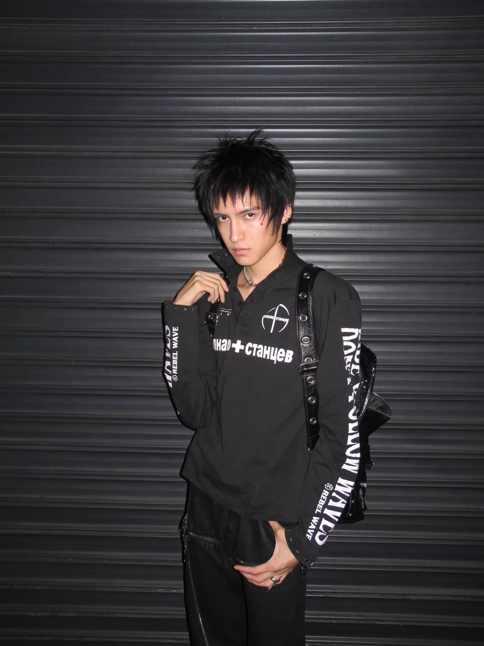 REBEL WAVE クロススタッズ グラフィック長袖ポロシャツ ブラック SELFISH