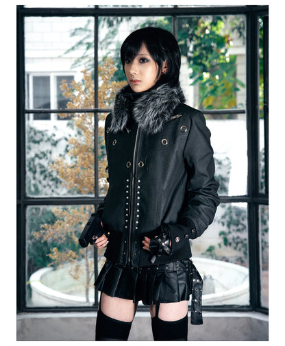 Metallic Faux Leather Detachable Fur Trim Collar Jacket