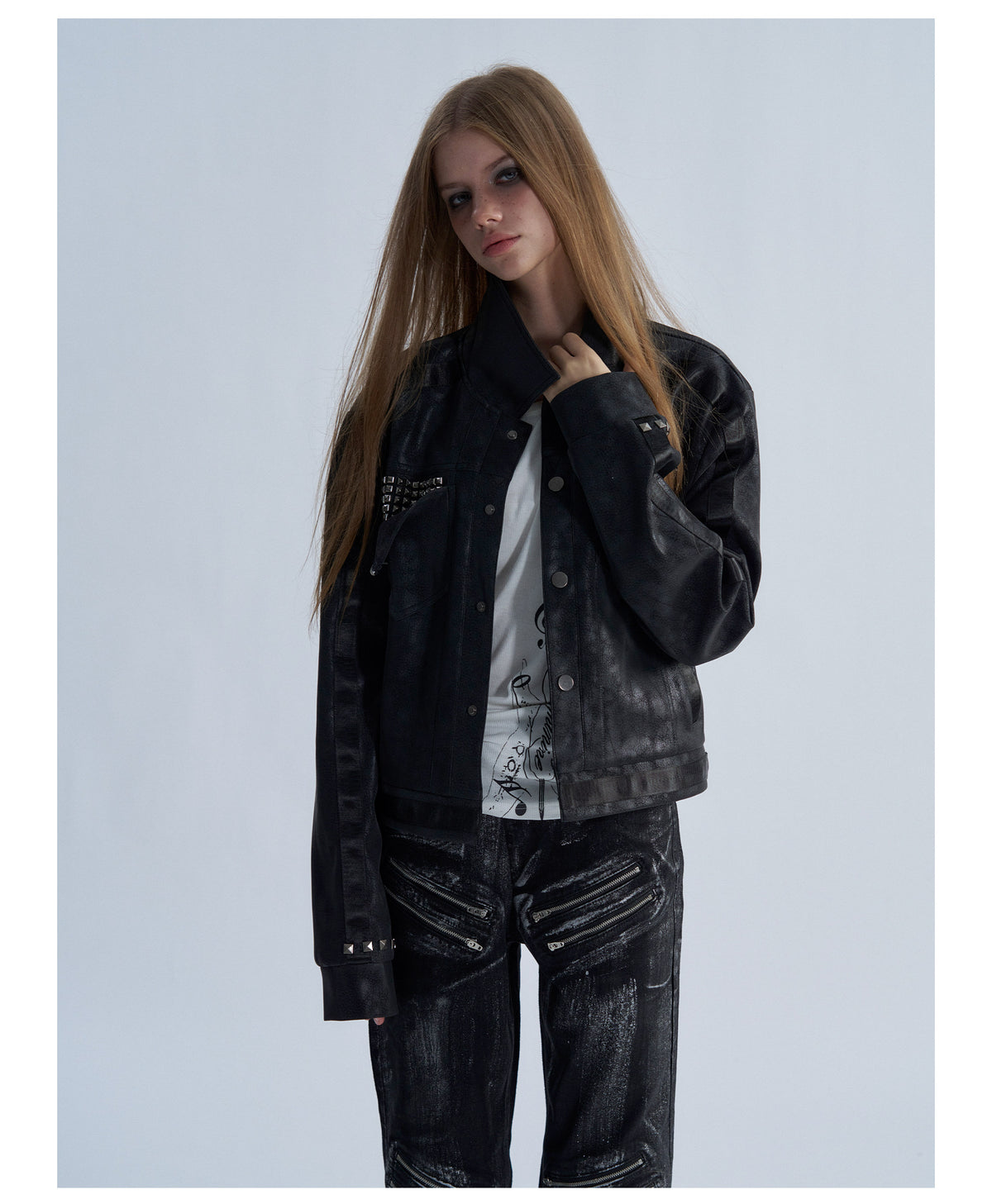 Cropped Lapel Zip Front Faux Leather Jacket