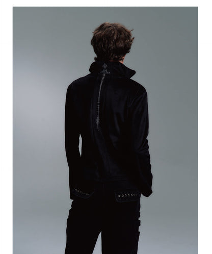Tribal Graphic Stand Collar Flared Sleeve Velvet Zip Jacket