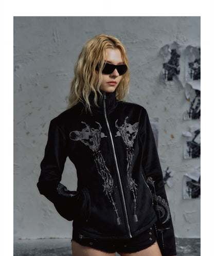Tribal Graphic Stand Collar Flared Sleeve Velvet Zip Jacket