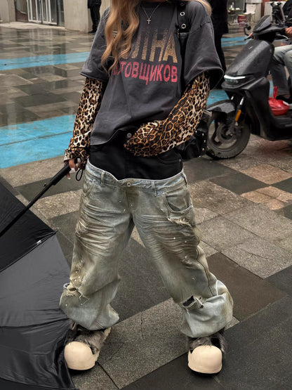 Leopard Layered Sleeve Washed Graphic T-Shirt