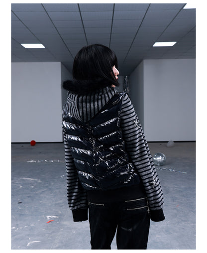 Star Embroidered Striped Fur Trim Hood Padded Jacket