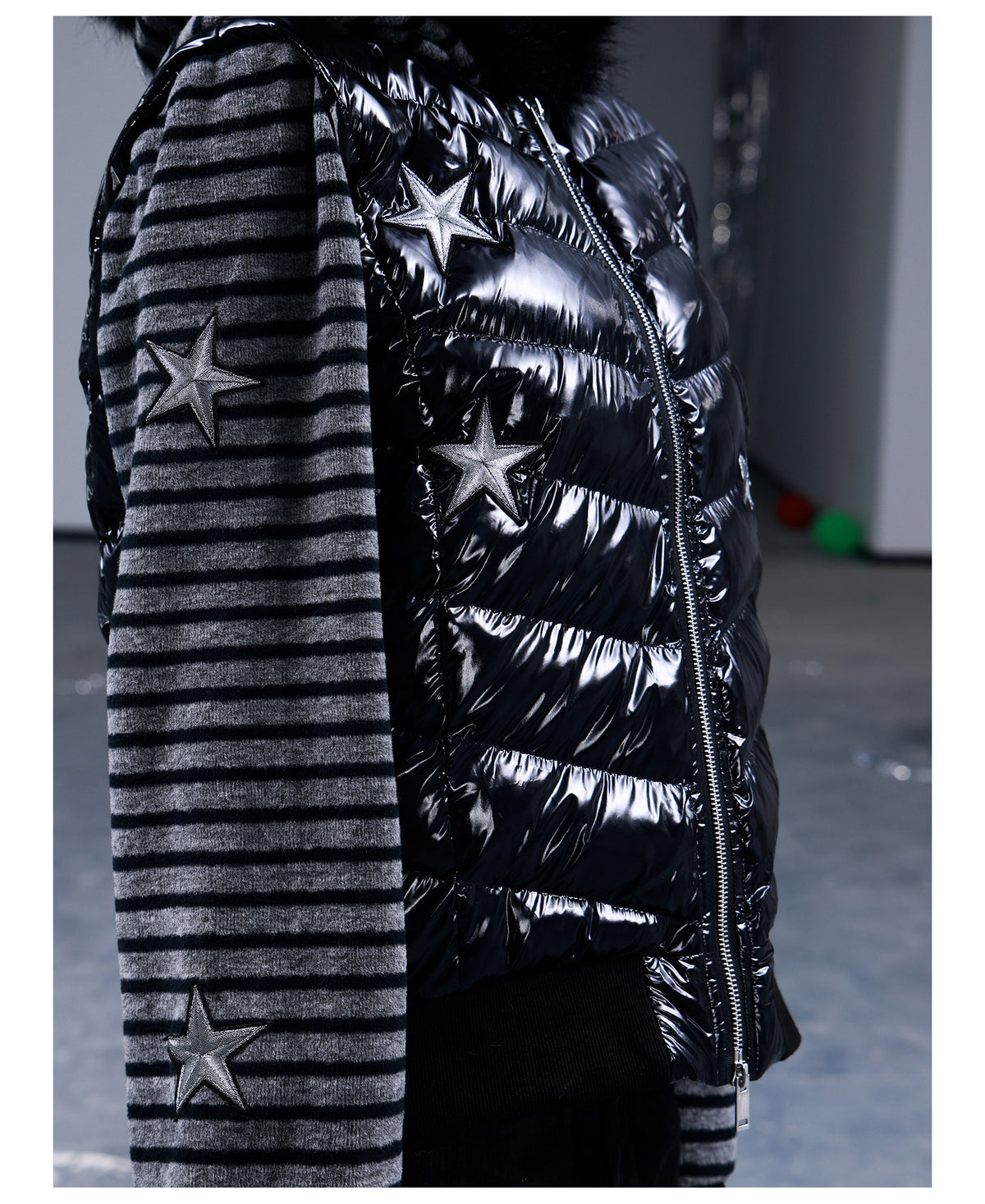 Star Embroidered Striped Fur Trim Hood Padded Jacket