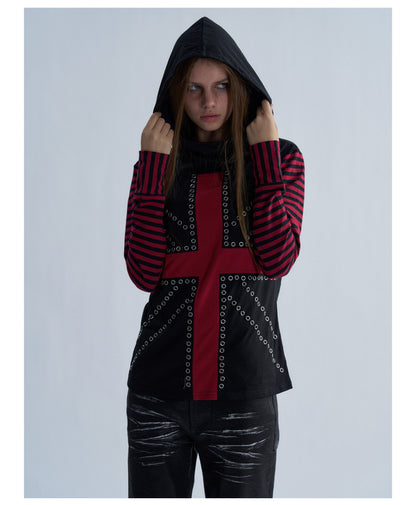 Rhinestone Cross Striped Sleeve Hooded Long Sleeve Top